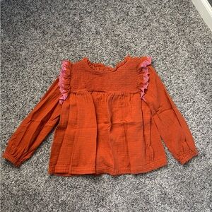 Rust Long Sleeve Top with Pink Ruffle Trim